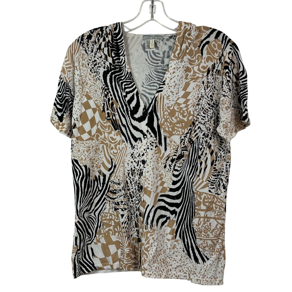 Alberto Makali Animal Print Hooded Cardigan Top XL Tan Black Zebra Leopard Knit